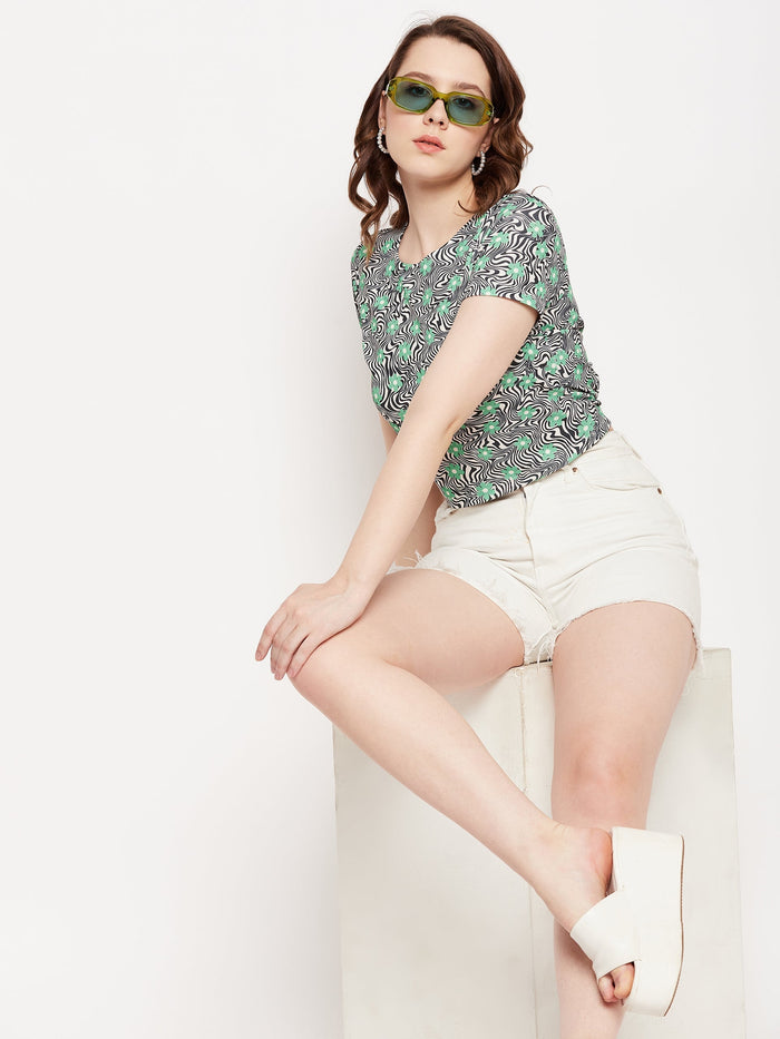 Madame Green Round Neck Floral Tshirt