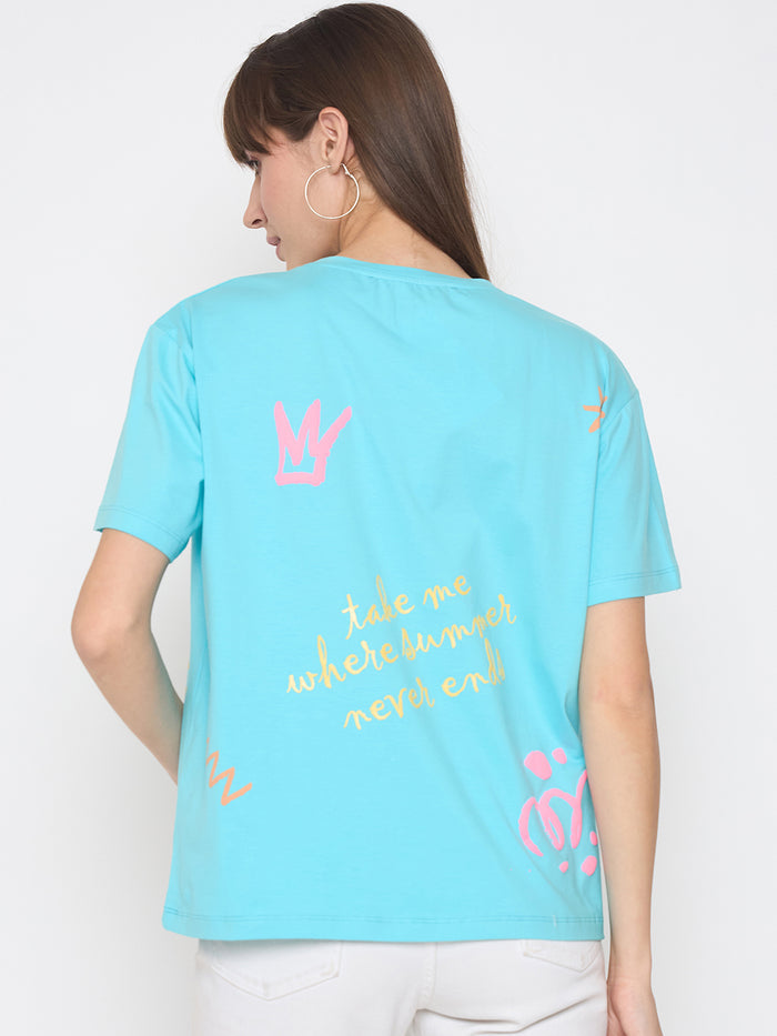 Madame Handwork and Embroidery Detail Aqua Blue T-shirt