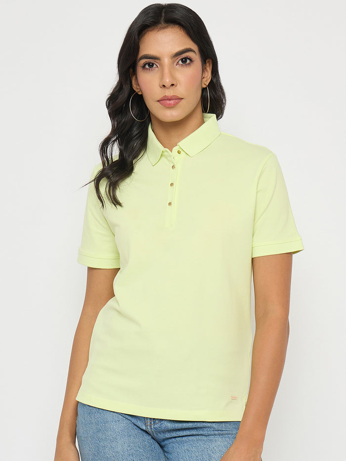 Madame Lime Yellow Cotton Blend Polo T-Shirt