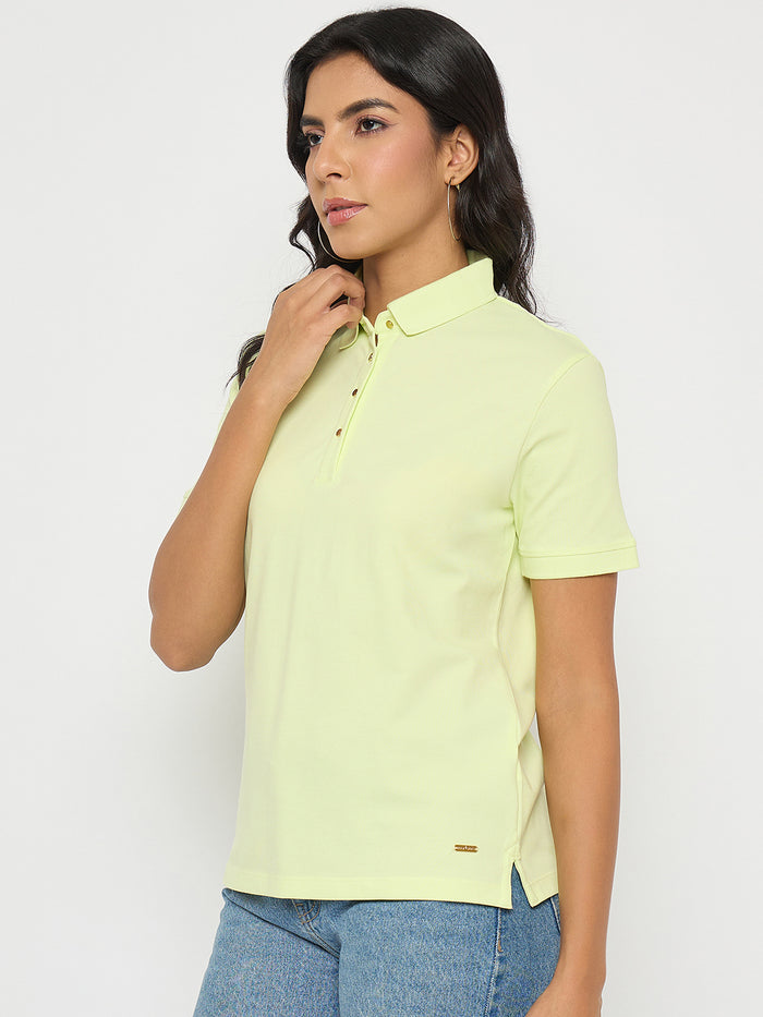 Madame Lime Yellow Cotton Blend Polo T-Shirt