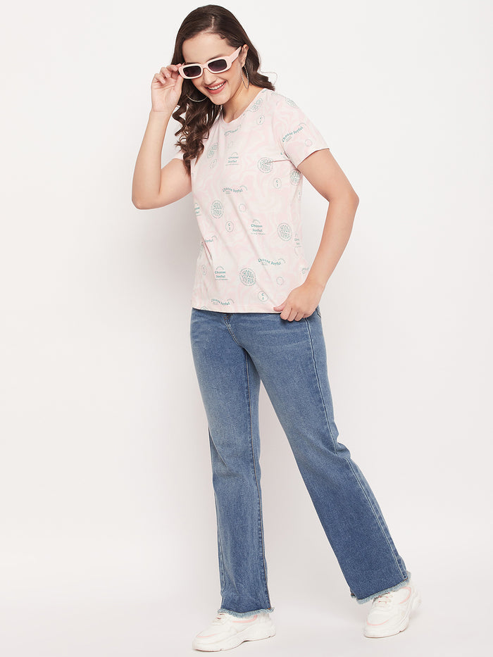 Madame Peach Round Neck Printed Cotton T-Shirt