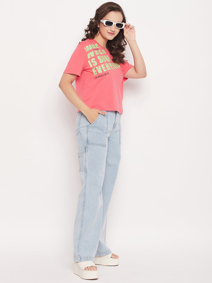 Madame Pink Cotton Regular Fit Printed T-shirt