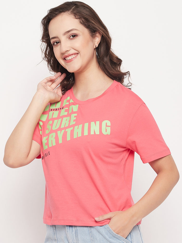Madame Pink Cotton Regular Fit Printed T-shirt