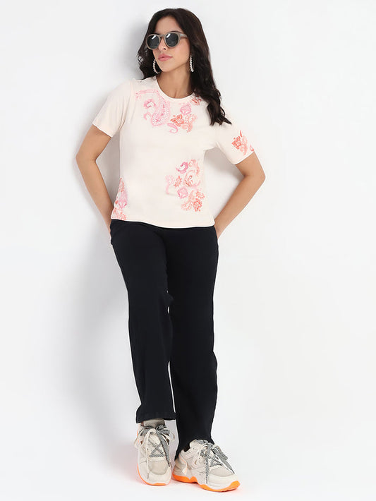 Madame Placement Sublimation Print Peach Smooth Rib T-Shirt