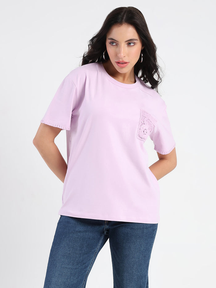Madame Pocket Detailed Solid Mauve Cotton Blend T-shirt