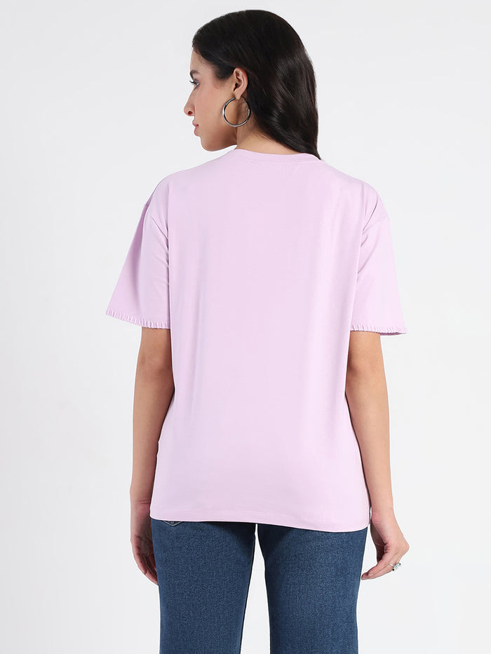 Madame Pocket Detailed Solid Mauve Cotton Blend T-shirt