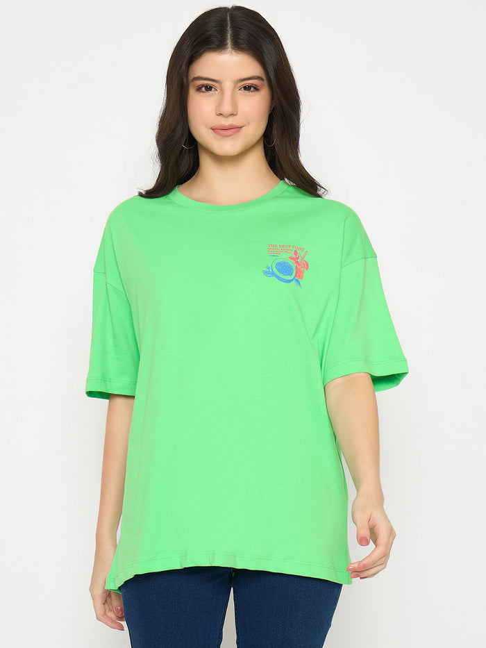 Madame Print Detailing Round Neck Green Cotton T-shirt