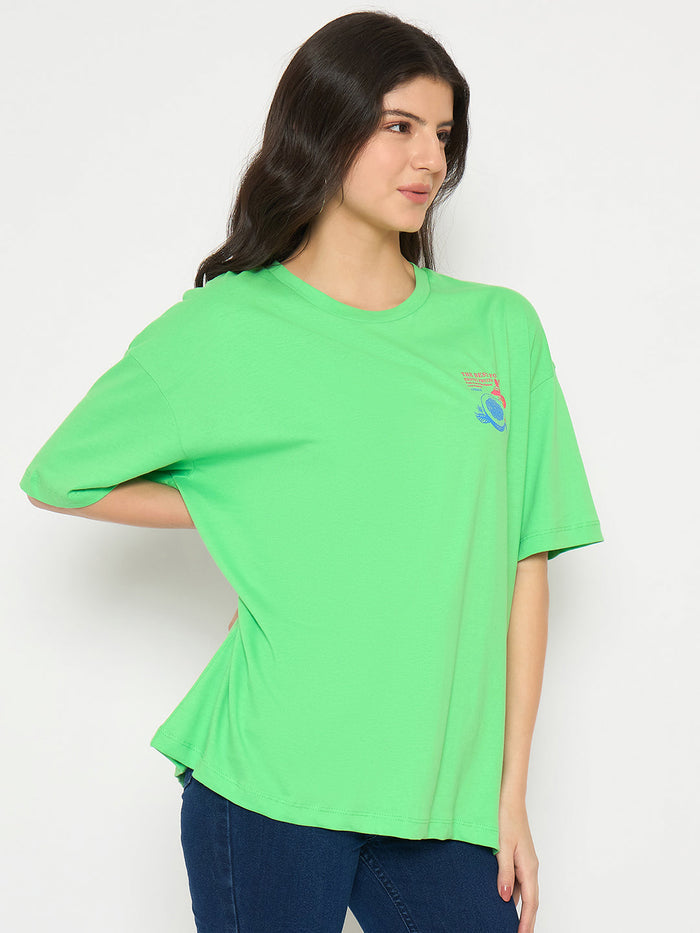 Madame Print Detailing Round Neck Green Cotton T-shirt