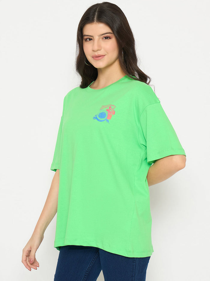 Madame Print Detailing Round Neck Green Cotton T-shirt