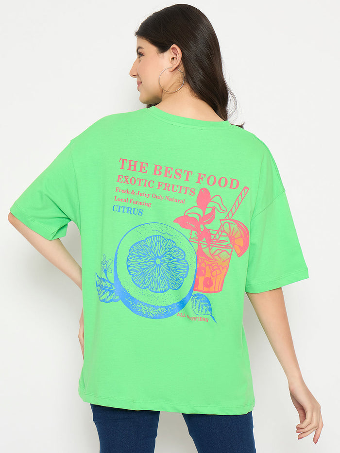 Madame Print Detailing Round Neck Green Cotton T-shirt