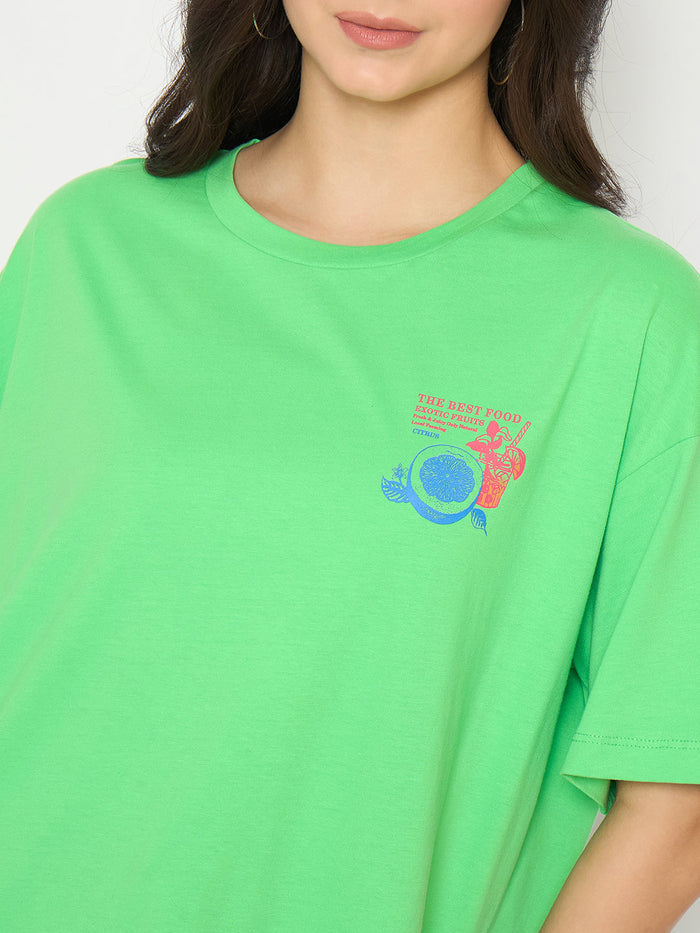 Madame Print Detailing Round Neck Green Cotton T-shirt