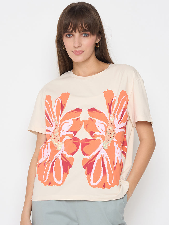 Madame Printed and Handwork Detailed Beige Sinker T-shirt