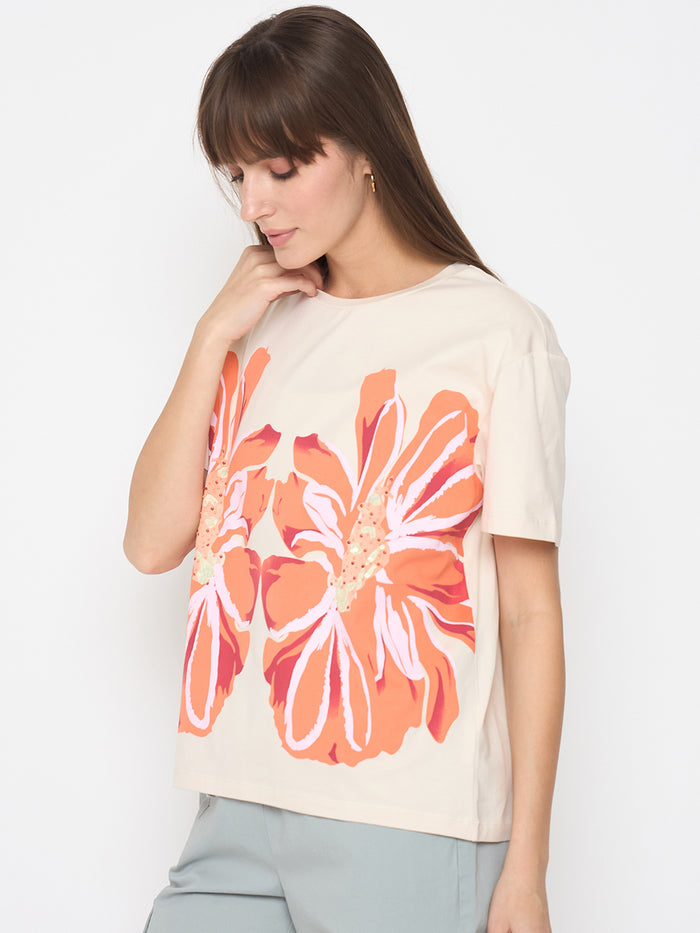 Madame Printed and Handwork Detailed Beige Sinker T-shirt