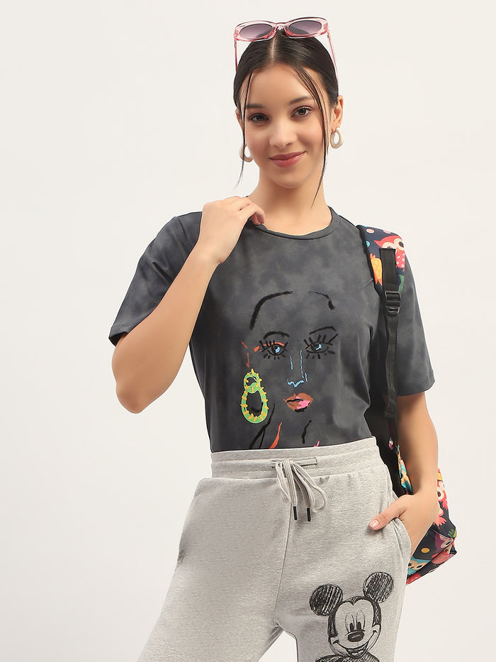 Madame Printed Charcoal Cotton T-Shirt