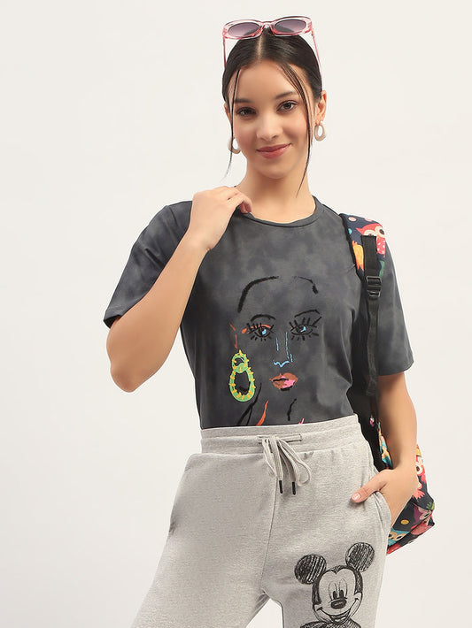 Madame Printed Charcoal Cotton T-Shirt