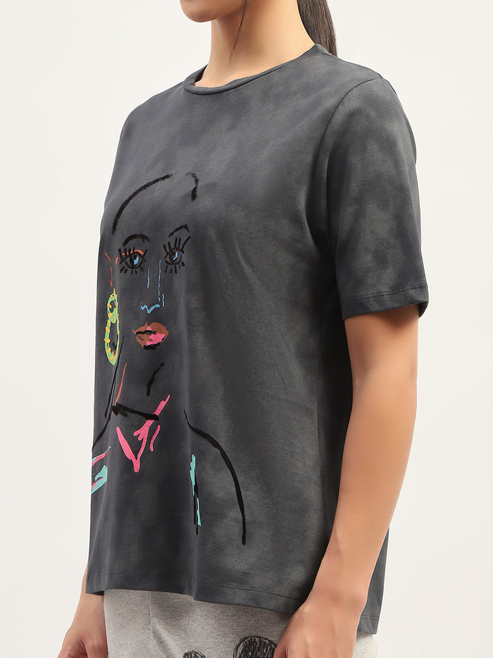 Madame Printed Charcoal Cotton T-Shirt