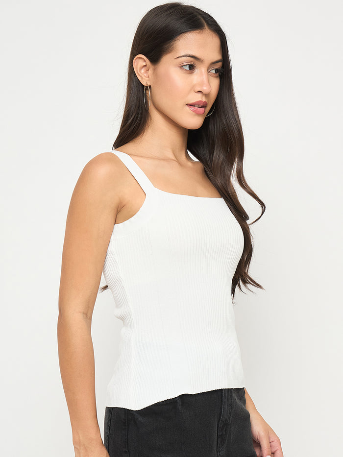 Madame Ribbed Sleeveless White Knitted Top