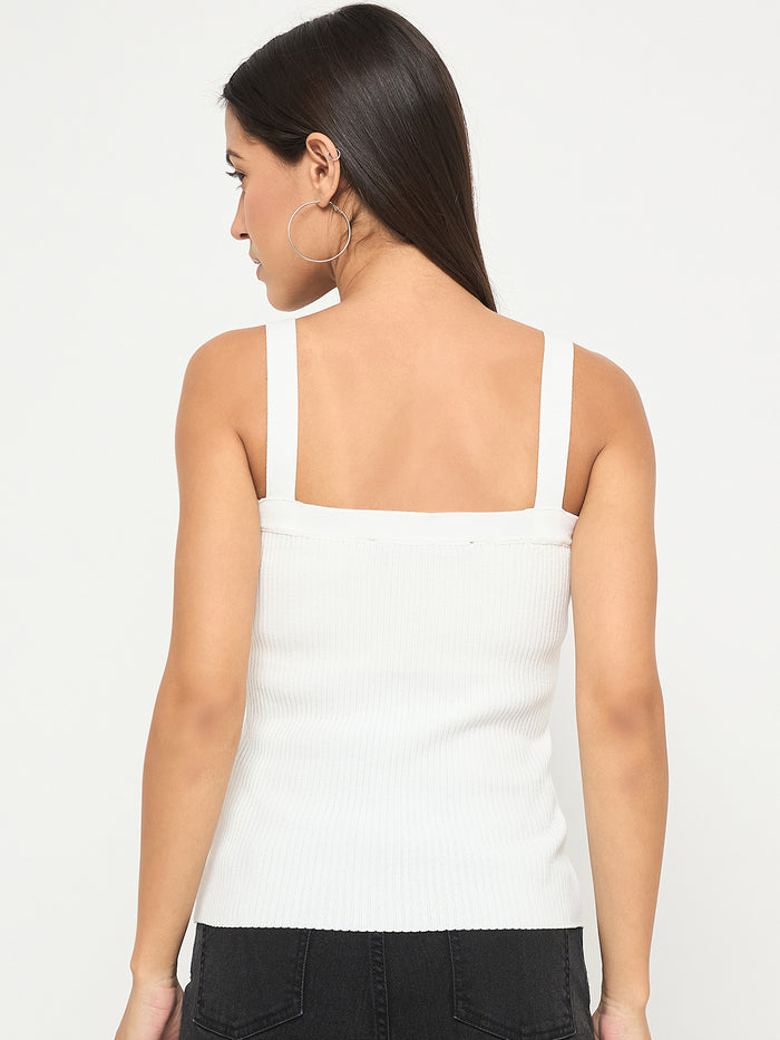 Madame Ribbed Sleeveless White Knitted Top