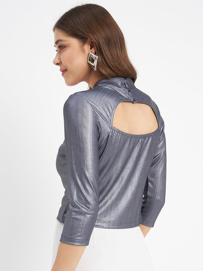 Madame Shimmering Asymmetrical Seam Detail Navy Blue Top