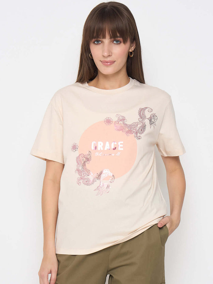 Madame Sinker Graphic Print Foil Detailed Beige Tshirt