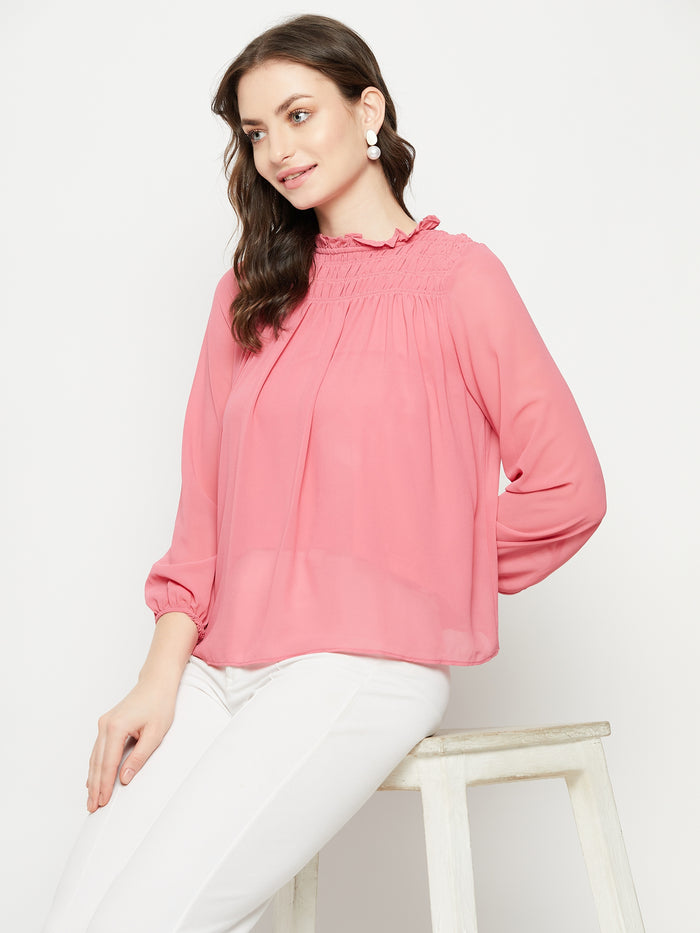 Madame Smocked Frill Neck Hot Pink Top