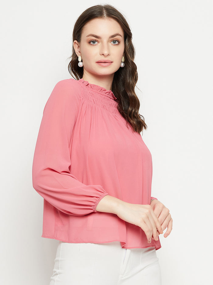 Madame Smocked Frill Neck Hot Pink Top