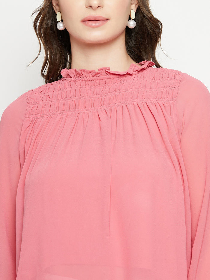Madame Smocked Frill Neck Hot Pink Top