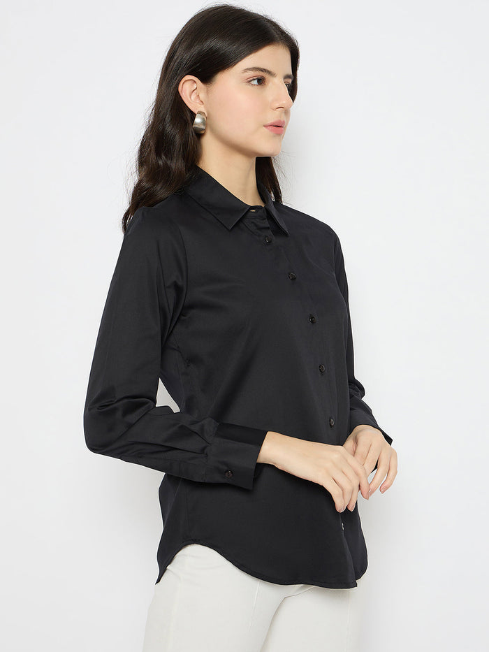 Madame Solid Black Cotton Blend Shirt