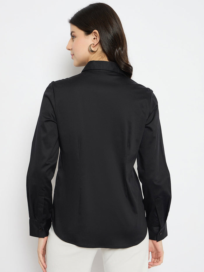 Madame Solid Black Cotton Blend Shirt