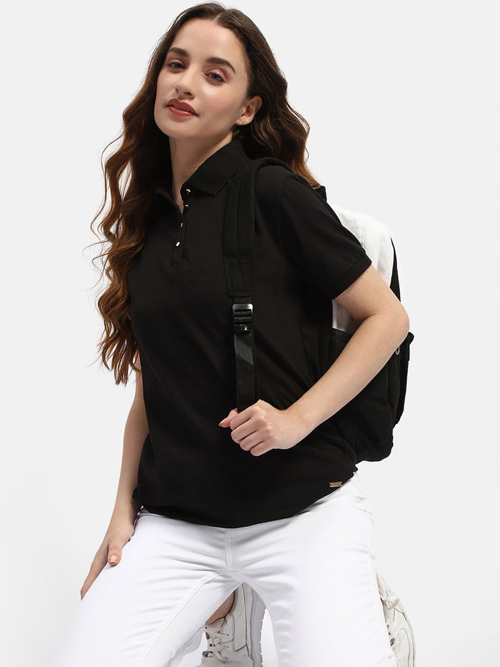 Madame Solid Black Polo Neck T-Shirt