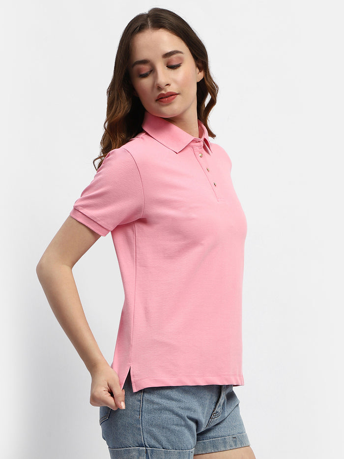 Madame Solid Pink Polo Neck T-Shirt