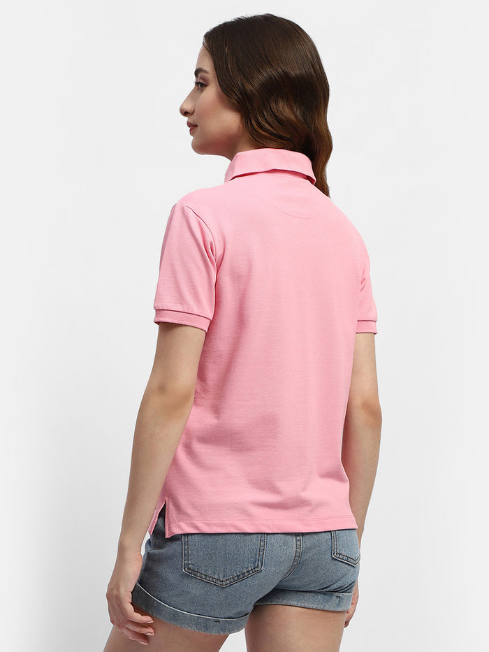 Madame Solid Pink Polo Neck T-Shirt