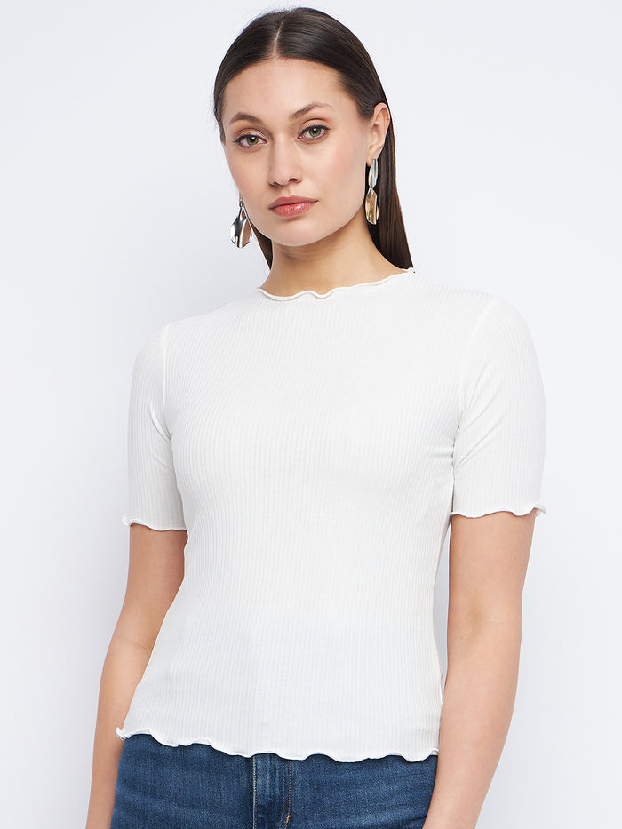 Madame Solid White Lettuce Hem Top