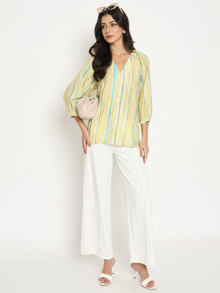 Madame Striped Rayon Blend Yellow Top