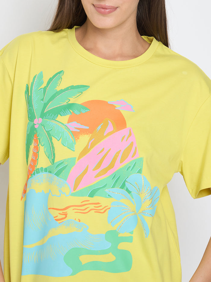 Madame Swarovski Detail Graphic Print Lemon Yellow Sinker T-shirt