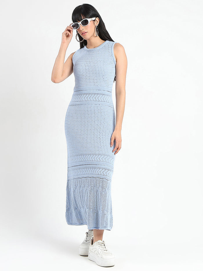 Madame Textured Panels Geometric Hem Sky Blue Maxi Dress