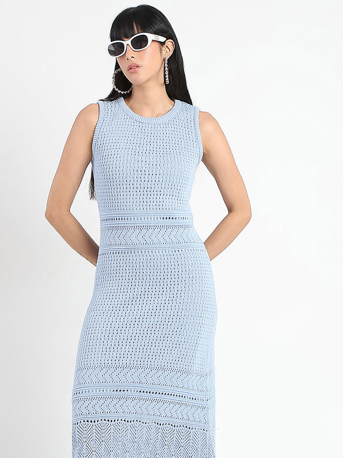 Madame Textured Panels Geometric Hem Sky Blue Maxi Dress