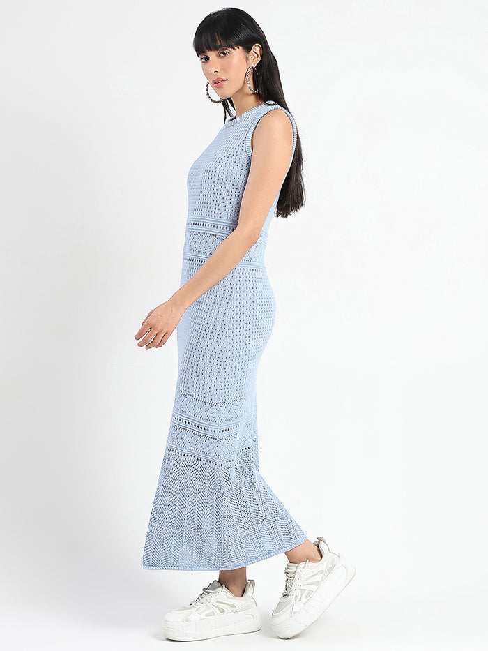 Madame Textured Panels Geometric Hem Sky Blue Maxi Dress