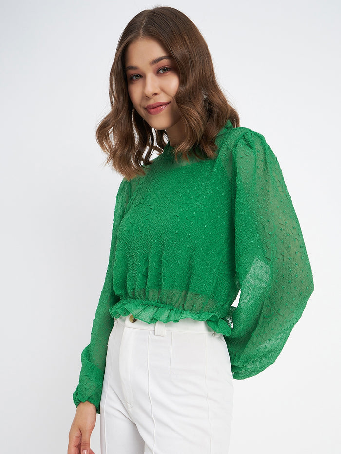 Madame Textured Swiss Dot Detail Green Peplum Top
