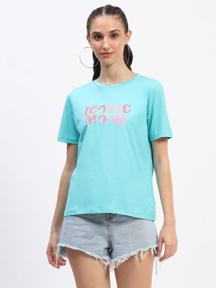 Madame Typography Detailing Cotton Aqua Top