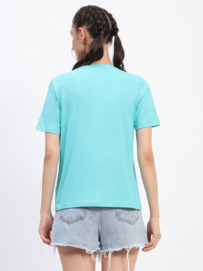 Madame Typography Detailing Cotton Aqua Top