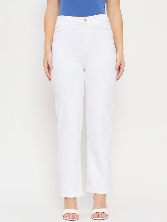 Madame White Cotton Straight Fit Whiskered Jeans