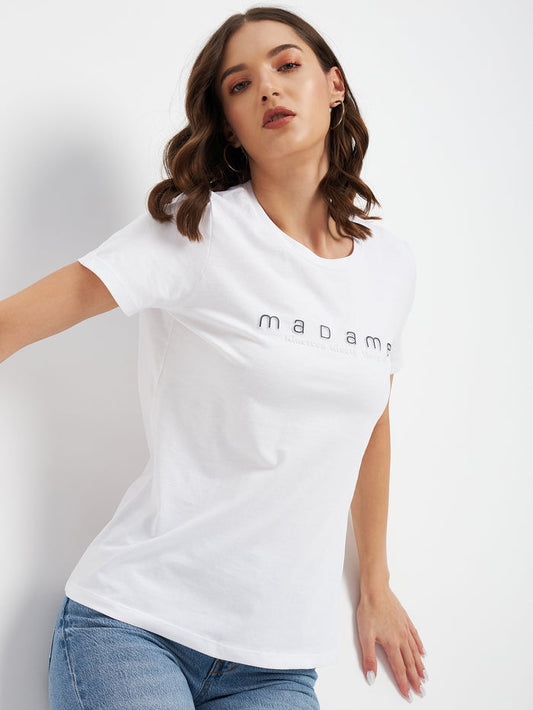 Madame White Crew Neckline Typography Tshirt