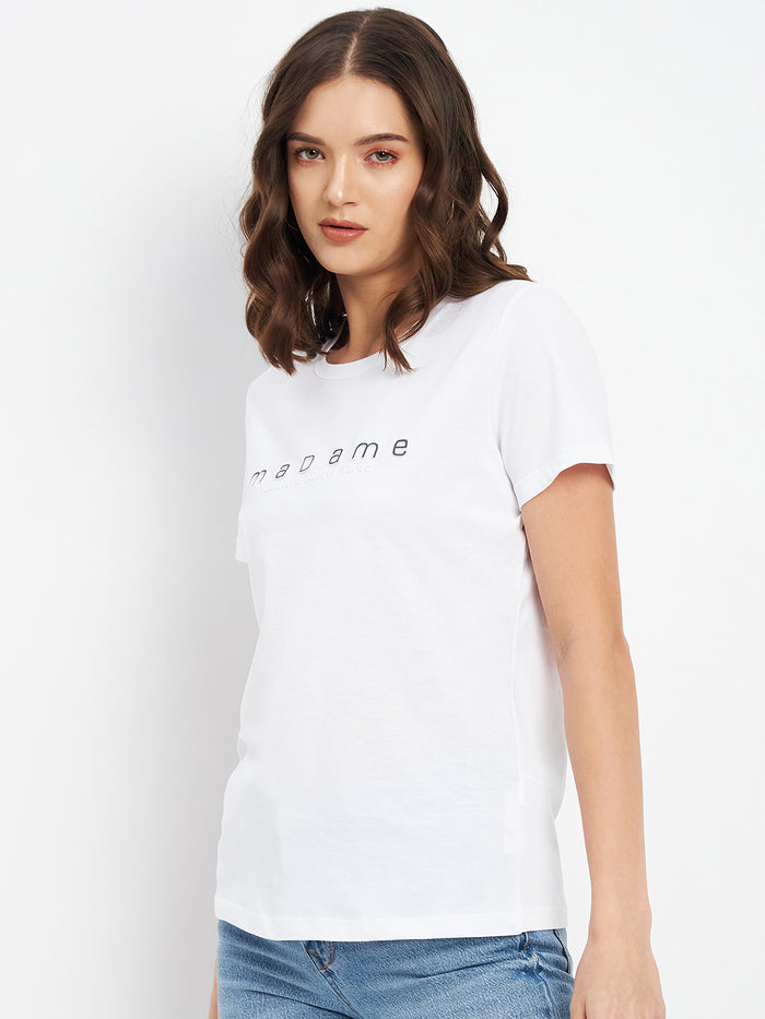 Madame White Crew Neckline Typography Tshirt