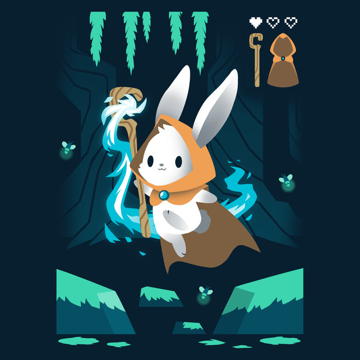 Premium Cotton T-shirt_TeeTurtle Mage Class navy blue apparel featuring an adventurous magical bunny holding a staff and skipping across a river and surrounded by fireflies.