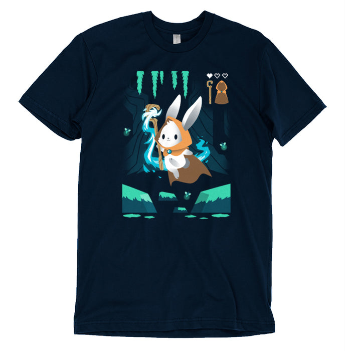Premium Cotton T-shirt_TeeTurtle Mage Class navy blue apparel featuring an adventurous magical bunny holding a staff and skipping across a river and surrounded by fireflies.