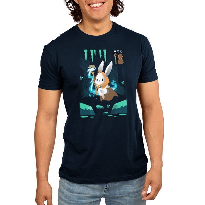 Premium Cotton T-shirt_TeeTurtle Mage Class navy blue apparel featuring an adventurous magical bunny holding a staff and skipping across a river and surrounded by fireflies.