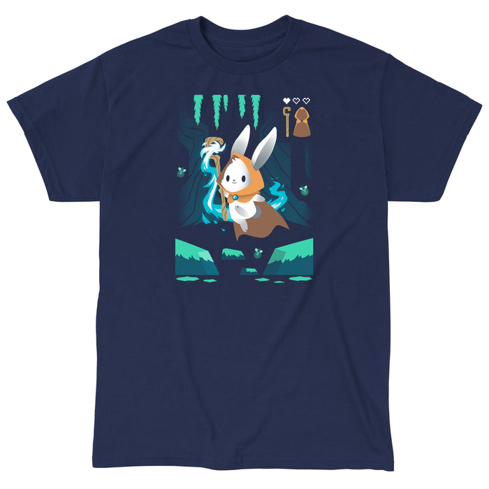 Classic Cotton T-shirt_TeeTurtle Mage Class navy blue apparel featuring an adventurous magical bunny holding a staff and skipping across a river and surrounded by fireflies.