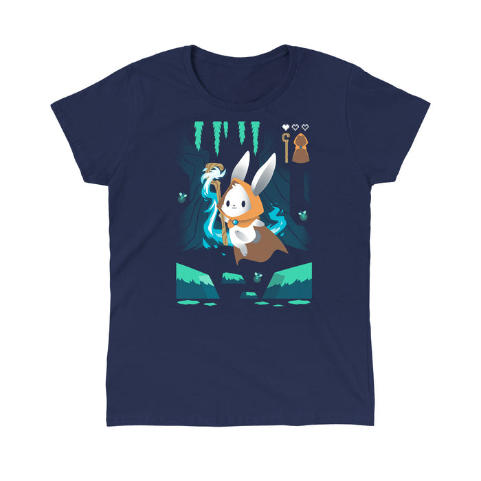 Classic Cotton T-shirt_TeeTurtle Mage Class navy blue apparel featuring an adventurous magical bunny holding a staff and skipping across a river and surrounded by fireflies.