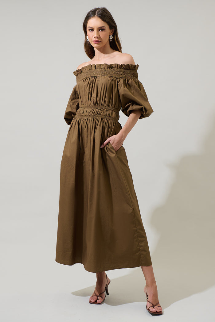 Magna Town Off the Shoulder Midi Dress